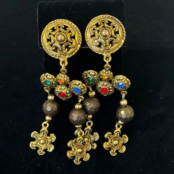 Vintage gorgeous brass rhinestones long cha cha style clip on earrings - Picture 1 of 7